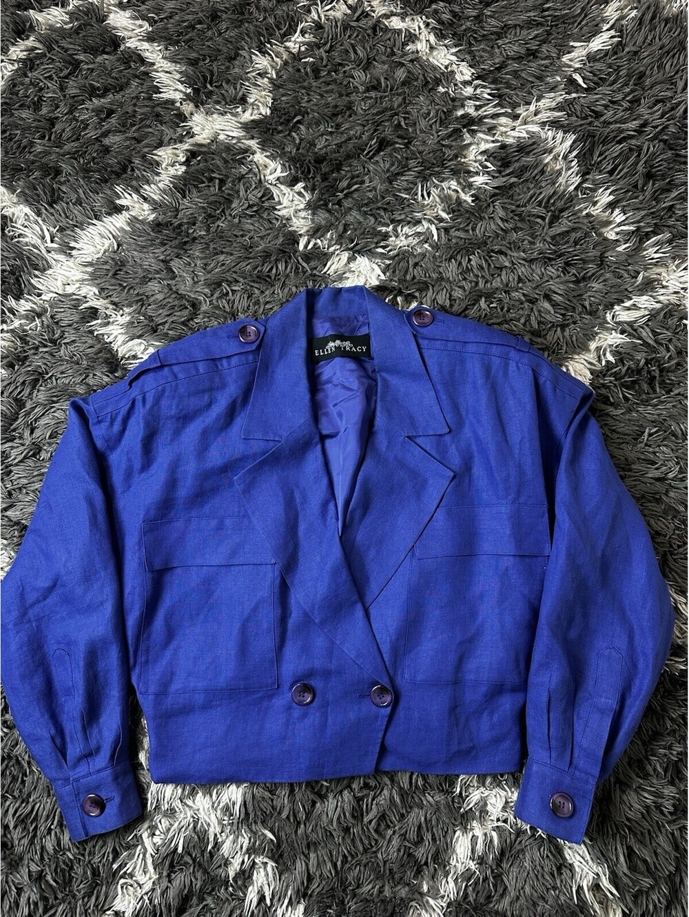 Vintage Ellen Tracy Linda Allard 100% Linen Cropped Jacket Blue Womens 6